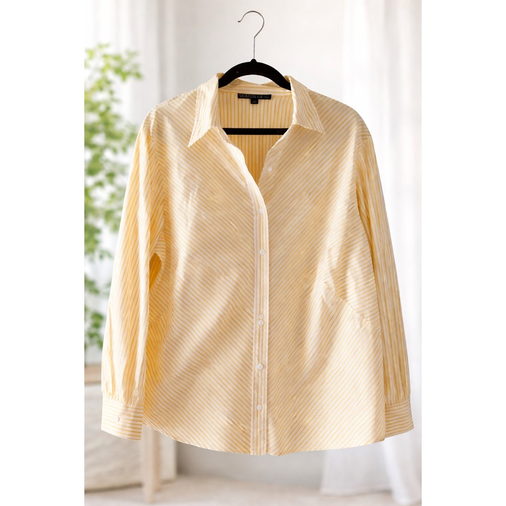 Lafayette 148 New‎ York Size 20 Yellow Stripe Cotton Button Front Blouse Plus - Picture 1 of 8